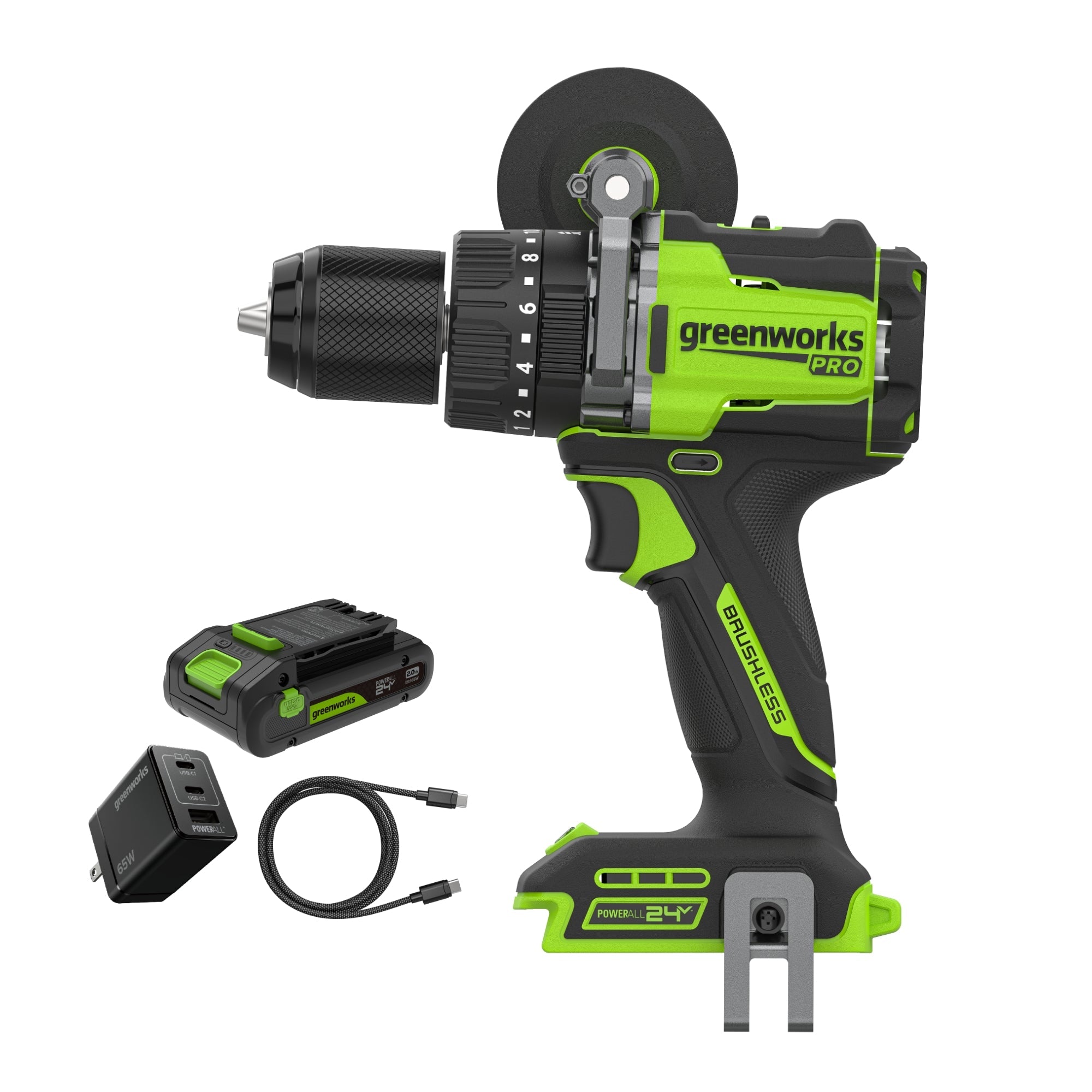 24V PowerAll Pro 1,350 in-lb 1/2" Hammer Drill, with 2.0 Ah USB-C Battery, 65W Charger, Belt Clip, and Auxiliary Handle MegaBDM