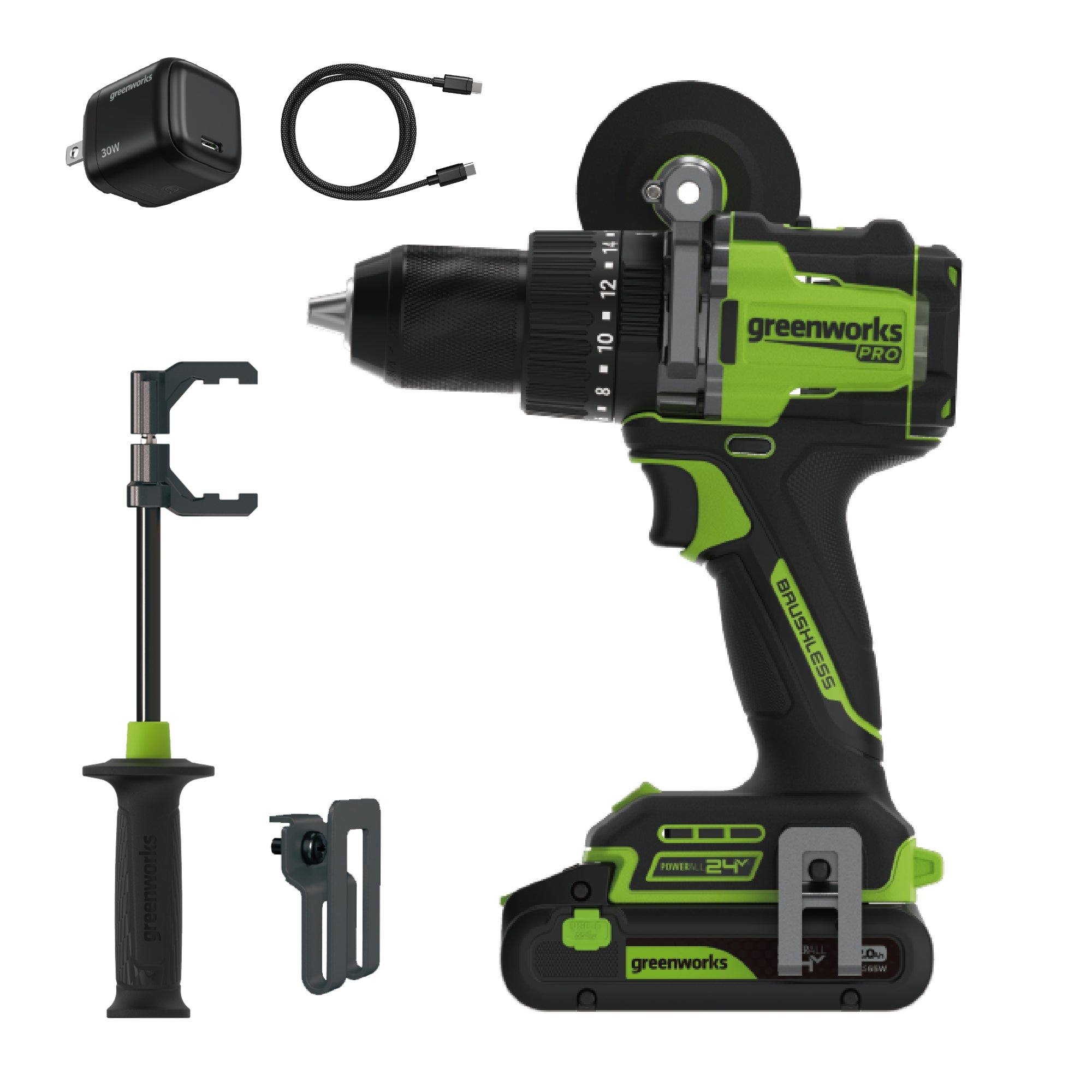 24V PowerAll Pro 850 in-lb 1/2" Hammer Drill, with 2.0 Ah USB-C Battery, 30W Charger, Belt Clip, and Auxiliary Handle MegaBDM