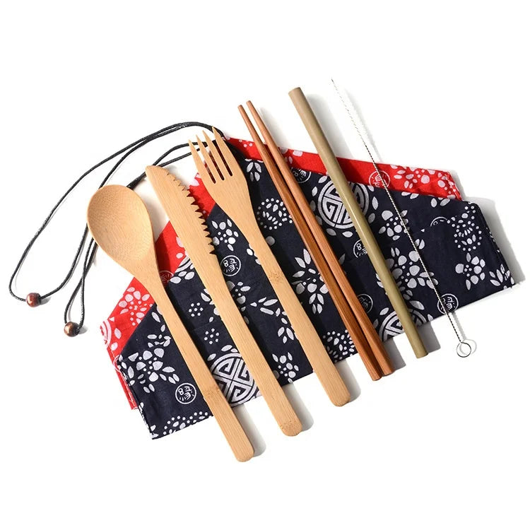 Hot Sell Handmade 100% Bamboo Camping Travel Cutlery Set with Portable Bag
