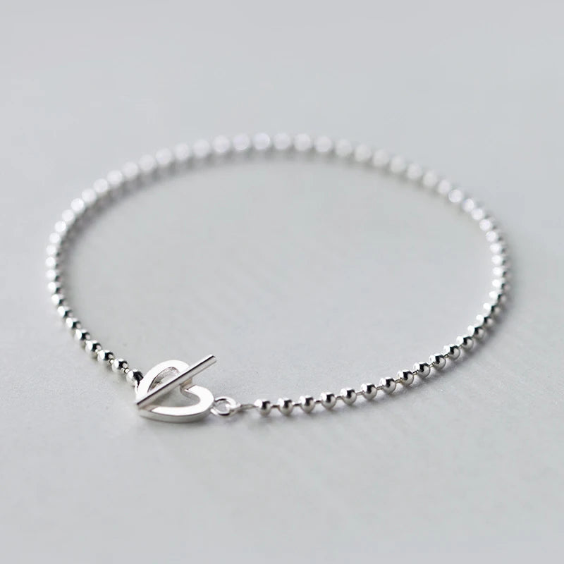 925 Sterling Silver Beaded Bracelet Heart Charm Bracelets for Women Wholesale 2019