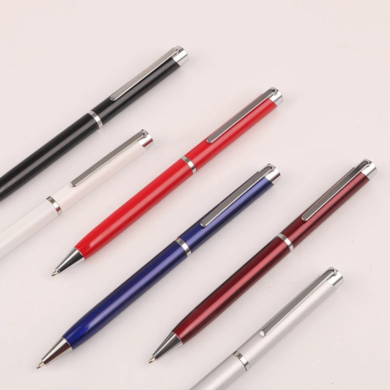 Colorful Good Quality Cheap Custom logo Super Thin Elastic Rotary Slim Retractable Gift Metal Pen With Straight Shape Barrel