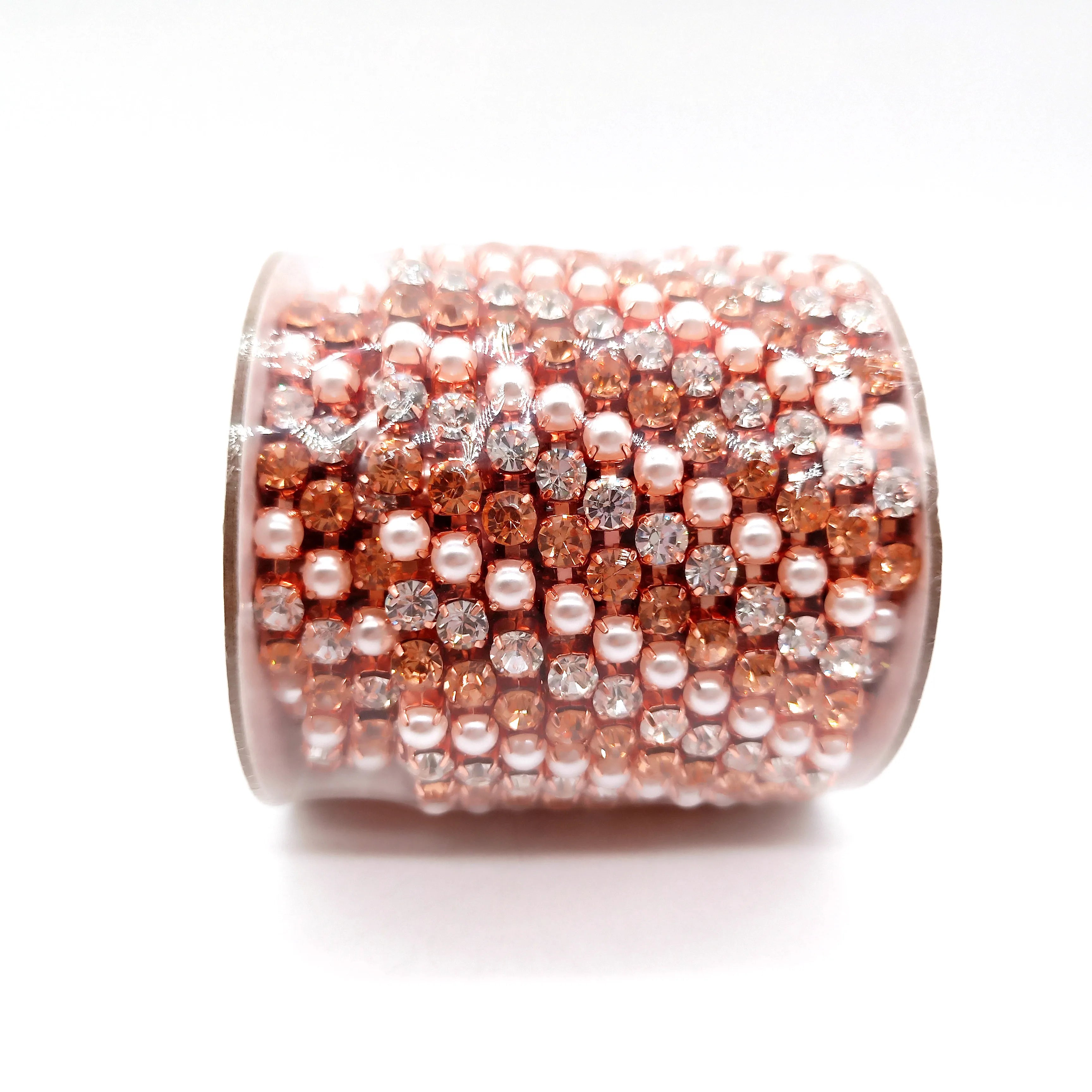 Hot Sale SS28 Rose Gold Rhinestone Cup Chain Light Peach-Ivory Pearl-Crystal Alternated Rose Gold Close Cup Chain for Shoes Bags
