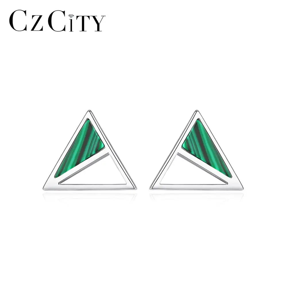 CZCITY New Real 925 Sterling Silver Turquoise Created Triangle Stud Earrings for Women Fine Jewelry Boucle D'Oreille Gift