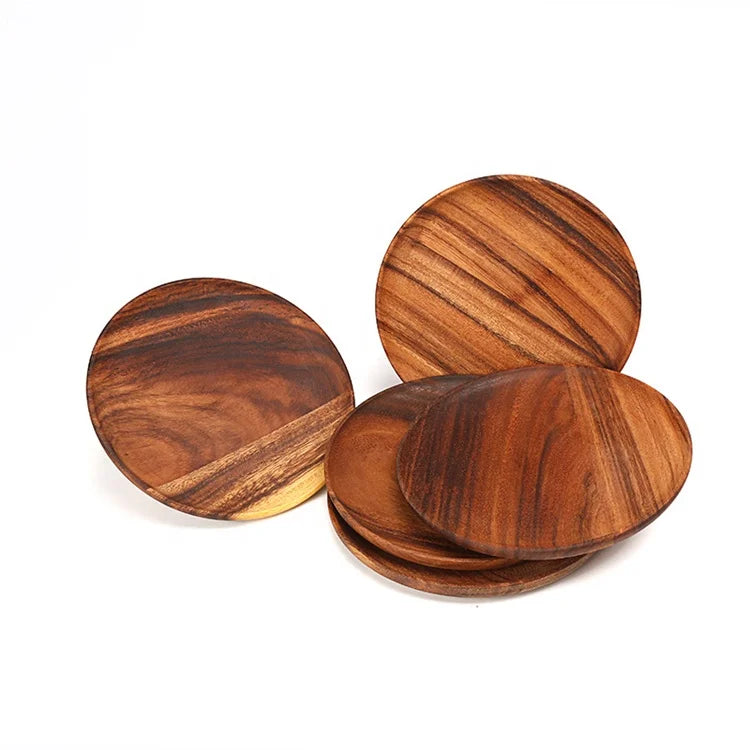 Creative Hot Sell Handmade Eco-Friendly Round 20cm Acacia Wood Dessert Dish with Natural Plant Oil Finish Classic Style