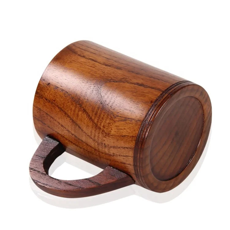 Classic Handcraft Brown Natural Jujube Wood Lacquer Coated 330ml Country Style Tea Cup Coffee Mug with Handle