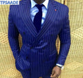 Stylish Design Groom Tuxedos Double Breasted Blue Stripe Peake Lapel Groomsmen Best Man Suit Mens Wedding Suits Jacket Pants Tie