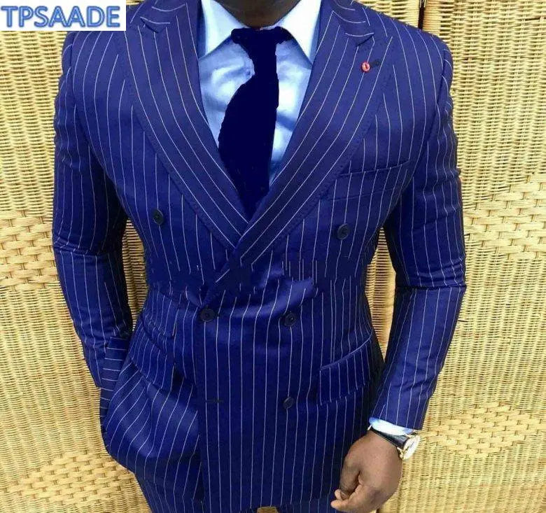 Stylish Design Groom Tuxedos Double Breasted Blue Stripe Peake Lapel Groomsmen Best Man Suit Mens Wedding Suits Jacket Pants Tie