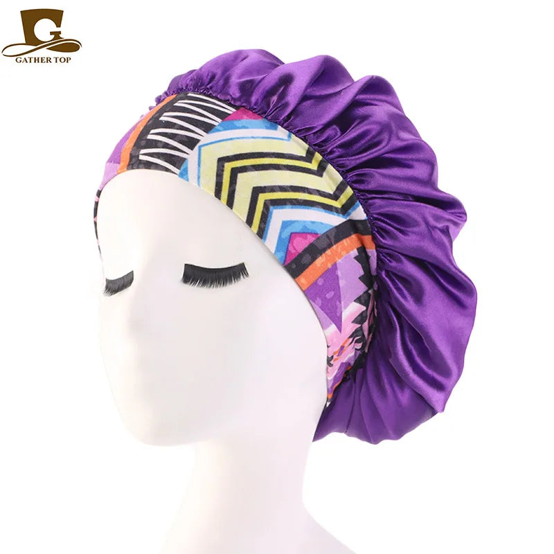 Spot Sales Luxury Multicolor Night Sleep Hat  Beanie Cap Hijab  African Headcover Head Wrap Silky Satin Bonnet TJM-405B