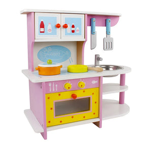 Custom Wooden Pretend Play Kitchen Cooking Toy Mini Wooden Kitchen Toy for Kids Pink Simulation Gas Stove & Sink Pretend Play