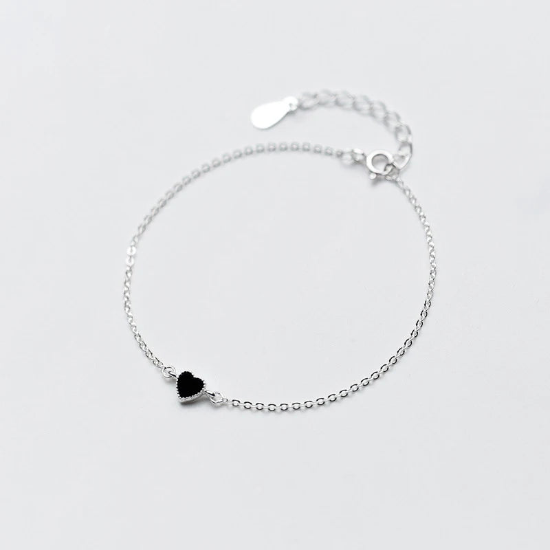 Real 925 Sterling Silver Black Heart Charm Bracelets for Women Authentic Silver Bracelets