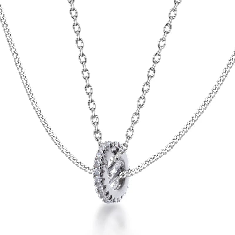 New Fashion Silver CZ Circle Round Pendant Necklaces Double Layer Link Chain Necklaces for Girls Trendy Fine Jewelry