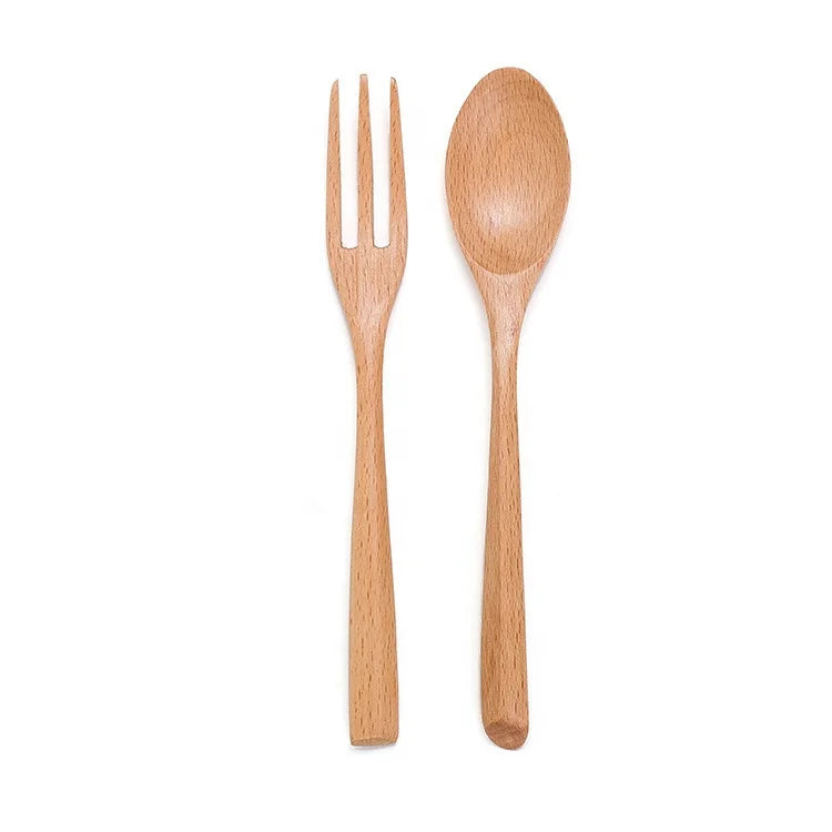 Creative Handmade Natural Beech Wood  Thickened Handle Spoon  Fork Flatware Set