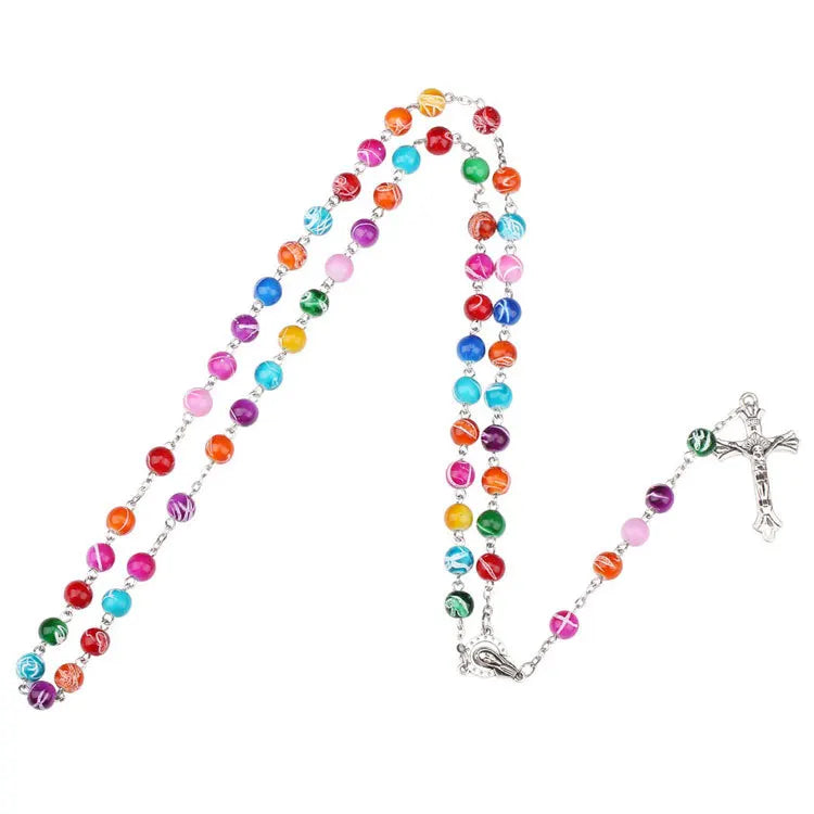 2022 Multicolor Christian Jesus Cross Pendant Alloy Rosary Bead Engagement Catholic Rosary Necklace Silver Plated Unisex