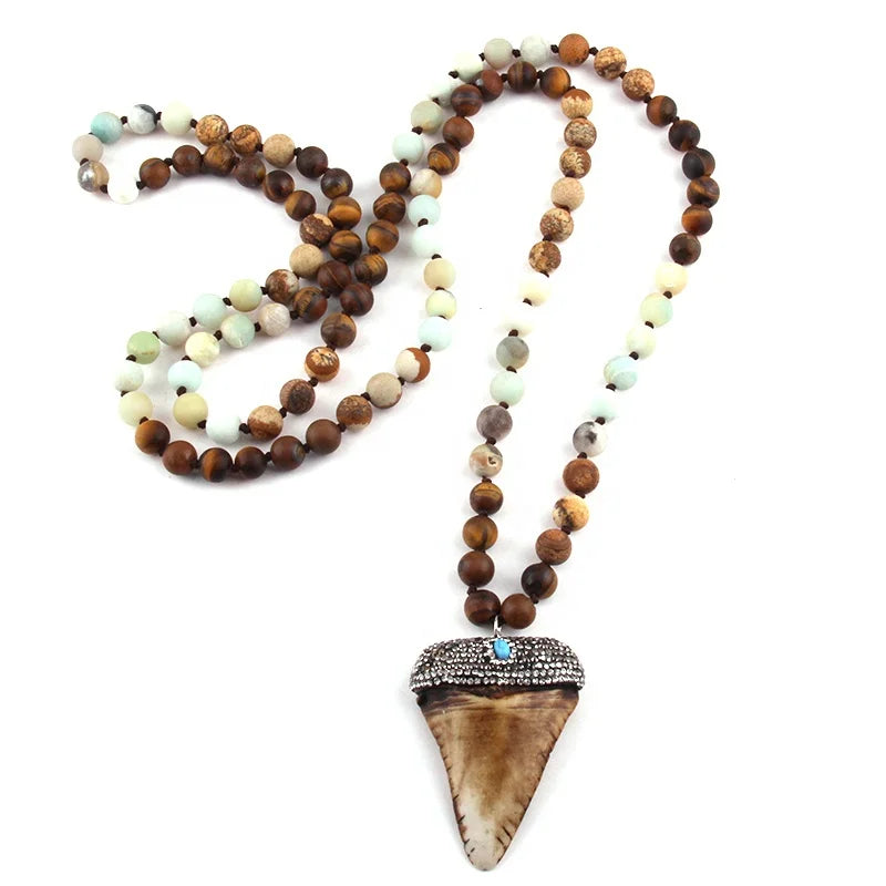 Women 8mm  Lava Pic Jasper Amazonite Multi Stone  Long Knotted Handmade Crystal Teeth Pendant Necklace 108 Bead Mala Necklace