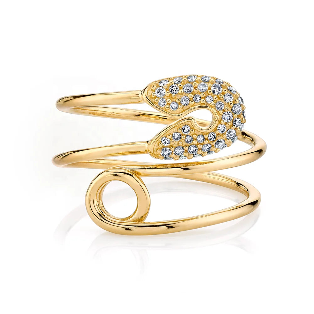 Silver 925 Cubic Zirconia Jewelry Fashion 925 Sterling Silver CZ Stone Safety Pin Ring Gold Plated