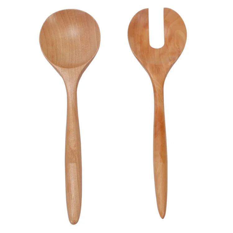 Creative Natural Schima Wood Handmade European Style Lacquer Coated Salad Serving Set Stirring Fork Spoon for Kitchen Use