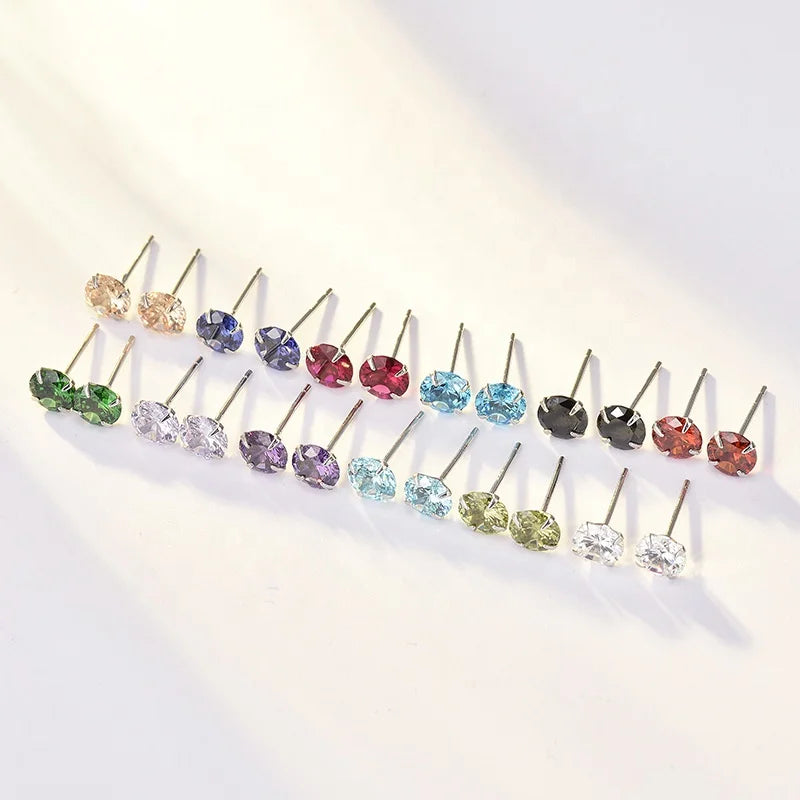 Wholesale 12 Zodiac Birthstone 925 Sterling Silver Round Colorful Cubic Zirconia Cut CZ Stud Earrings 3~8MM for Women Gifts