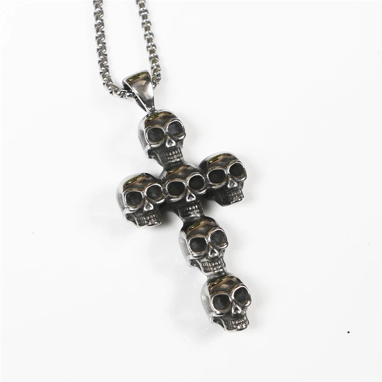 New Hot Sell Large Vintage Skulls Cross  Stainless Steel Pendant Necklace with Chain