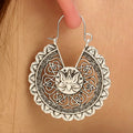 Vintage Antique Simple Round Circle Drop Dangle New Silver Earrings Metal Hollow Out Lotus Flower Earrings for Women