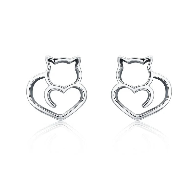 GT03 Korean New Trendy Fashion Hollow Out Animal Fine Jewelry 925 Sterling Silver Cute Cat Small Stud Earrings for Women
