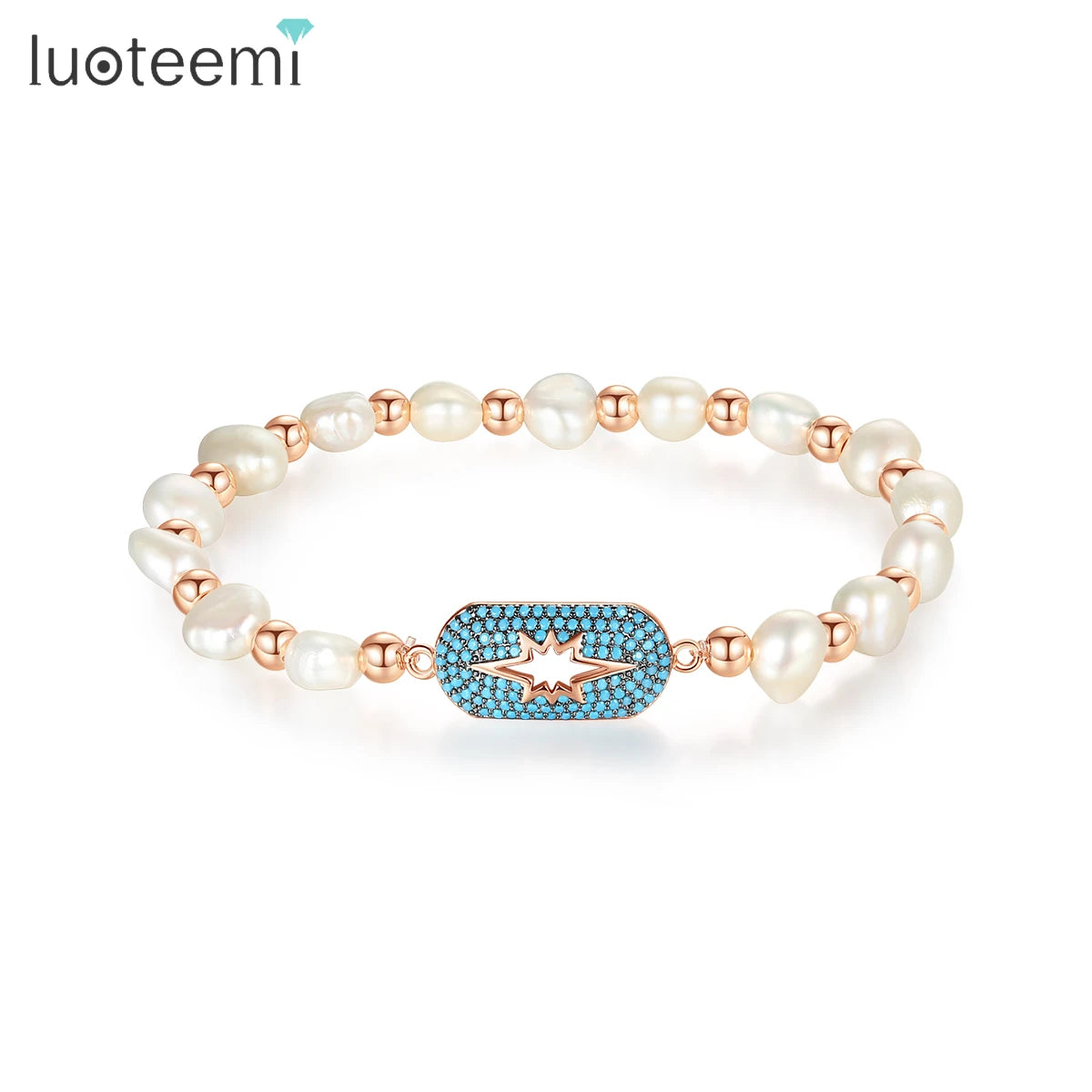 LUOTEEMI Turquoise CZ Hand  Part Charm Freshwater Cultured Pearl Rope Bracelet Women Jewelry
