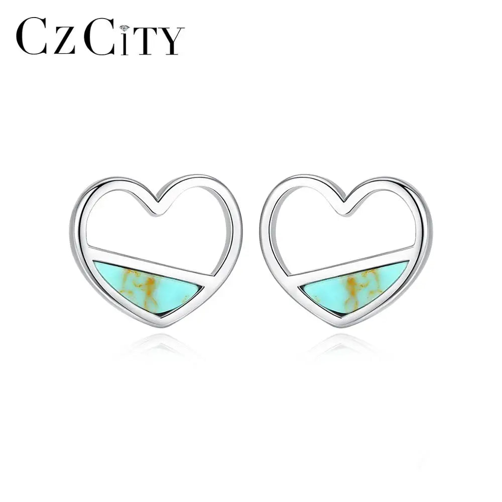 CZCITY Real 925 Sterling Silver Turquoise Heart Stud Earrings for Women Fine Jewelry Brincos Joyeria Fina Para Love Gifts