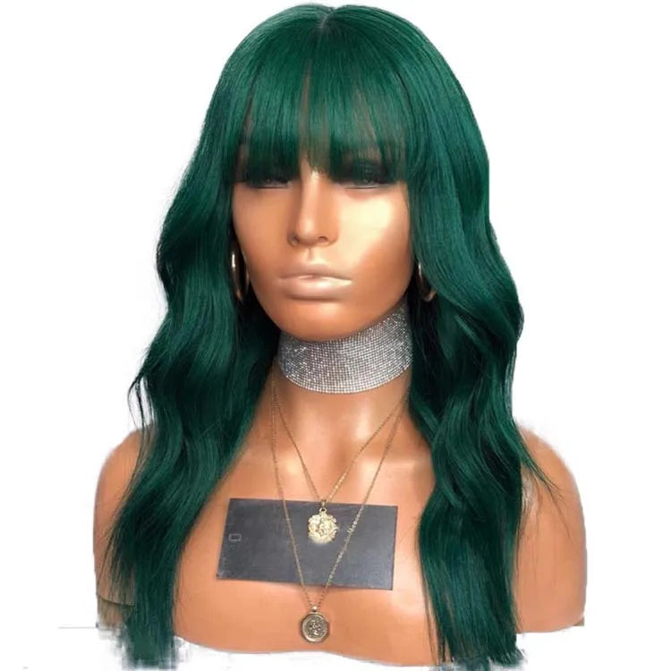 13x6 Full Frontal Lace Wig with HD Transparent Lace Bangs Green Water Wave Peruvian Remy Hair Bleached Knots Lace Front Wig