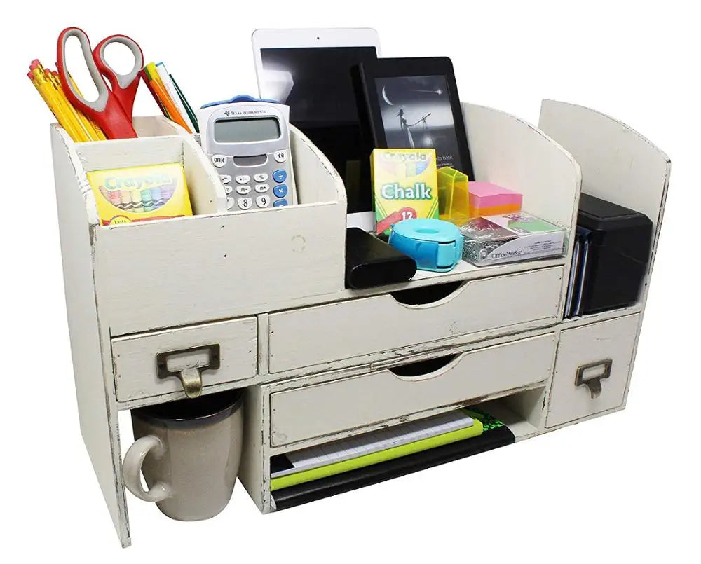 Adjustable White Washed Vintage Rustic Wooden Office Desk Organizer and Mail Rack for Desktop
