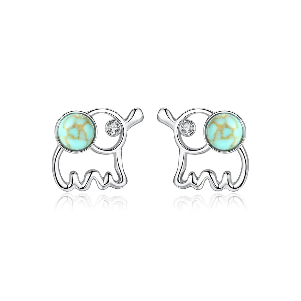 CZCITY Real 925 Sterling Silver Turquoise Small Cute Elephant Stud Earrings for Women Fine Jewelry