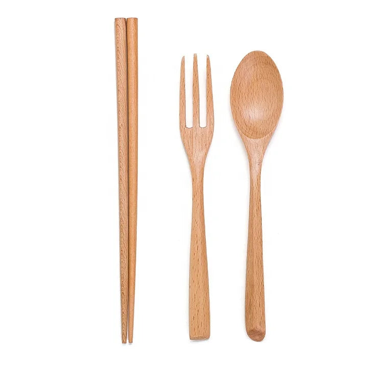 Creative Handmade Natural Beech Wood  Thickened Handle Spoon  Fork Chopsticks  Flatware Set