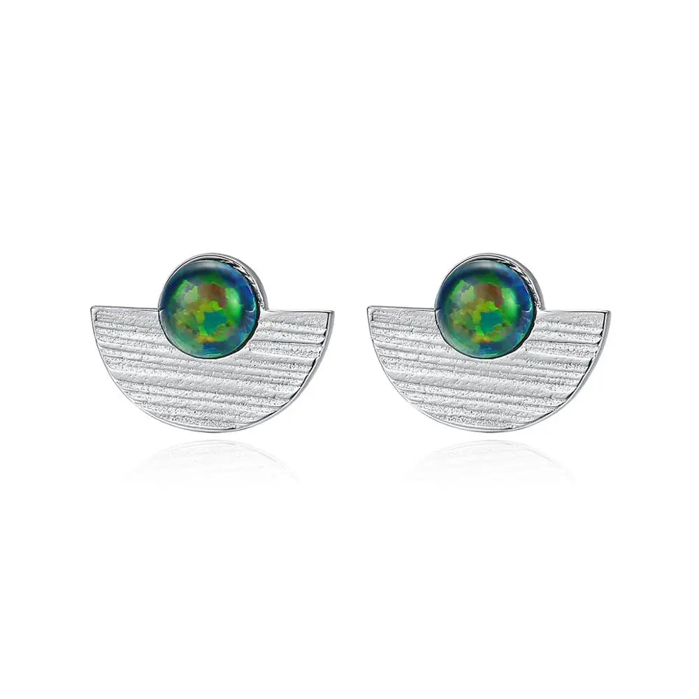 CZCITY Semicircle Solid 925 Sterling Silver Boucles D Oreille Femme Round Fire Opal Stud Earrings Women Fine Jewelry