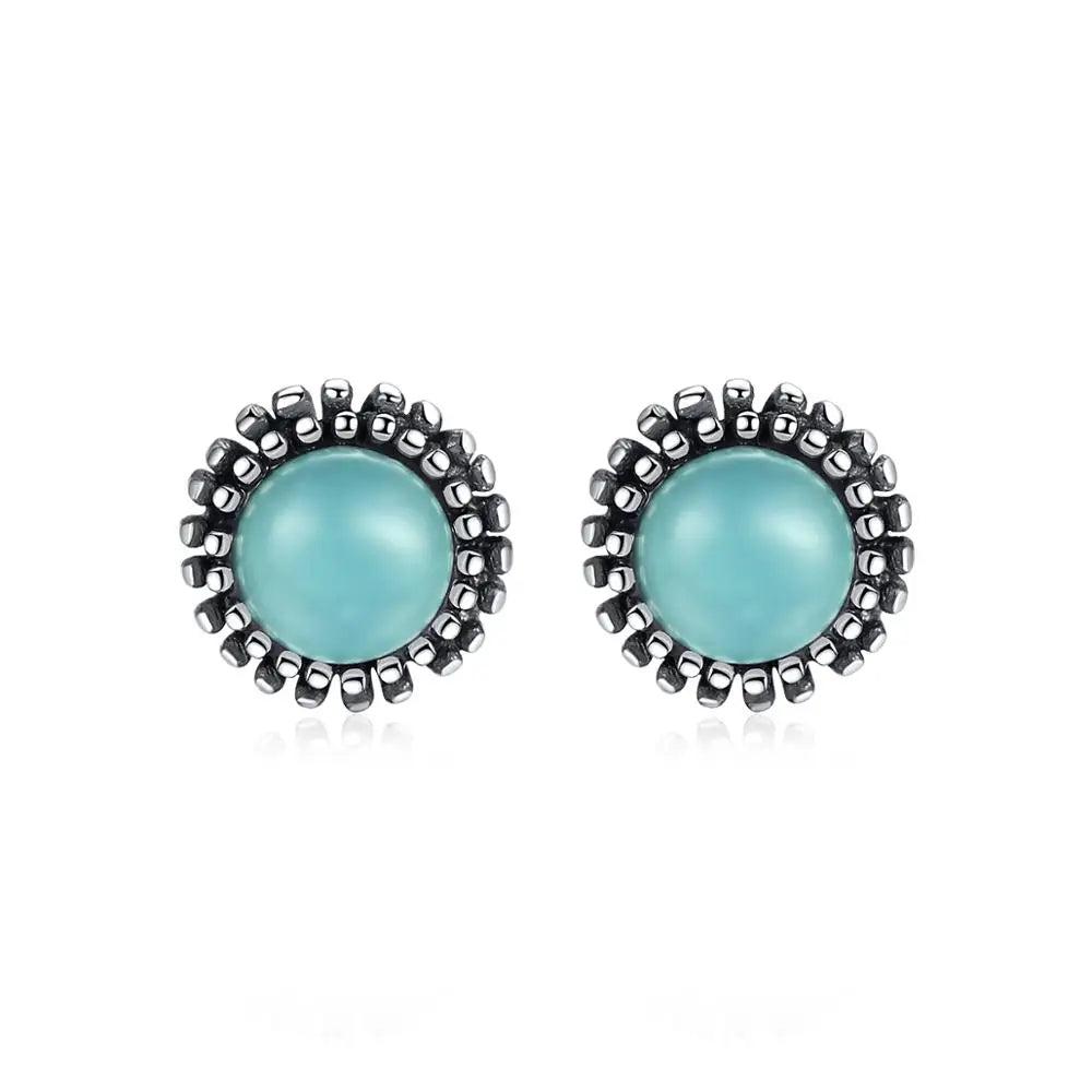 CZCITY Pure 925 Sterling Silver Stud Earrings Women Fine Jewelry Round Turquoise Post Earring Joyeria Fina Para Mujer