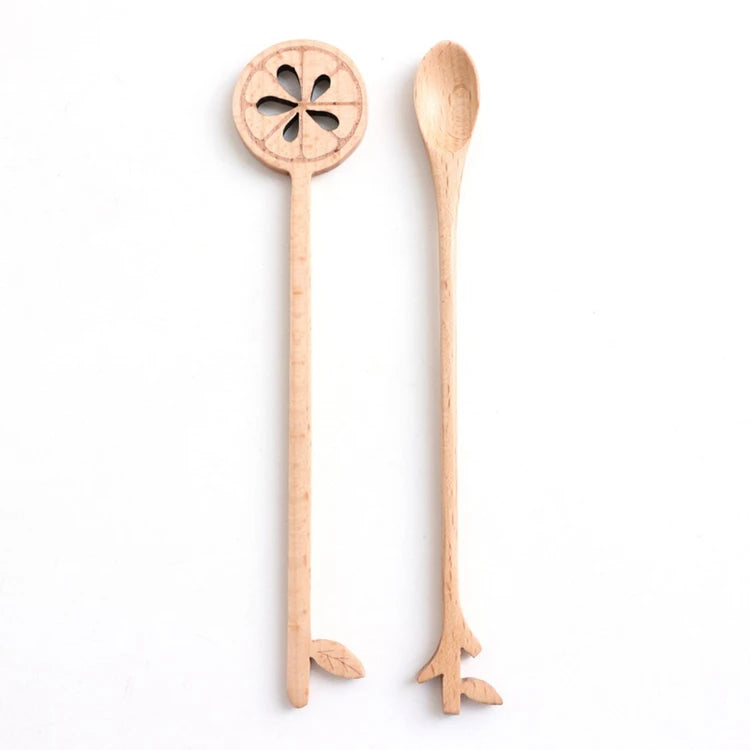 Creative Handmade Natural Beech Wood European Style Lacquer Coated Eco-Friendly Lemon Leaf Shape Long Handle Honey Spoon