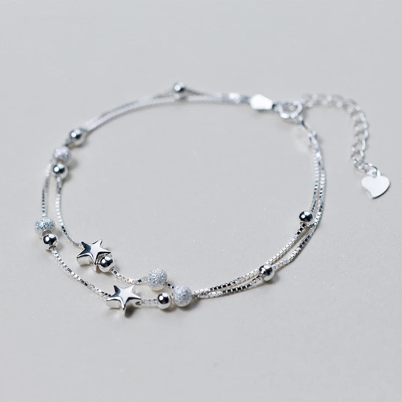 925 Sterling Silver Star Charm Bracelets for Women Double Layer Box Chain Matte Beads Bracelets Jewelry Birthday Gift