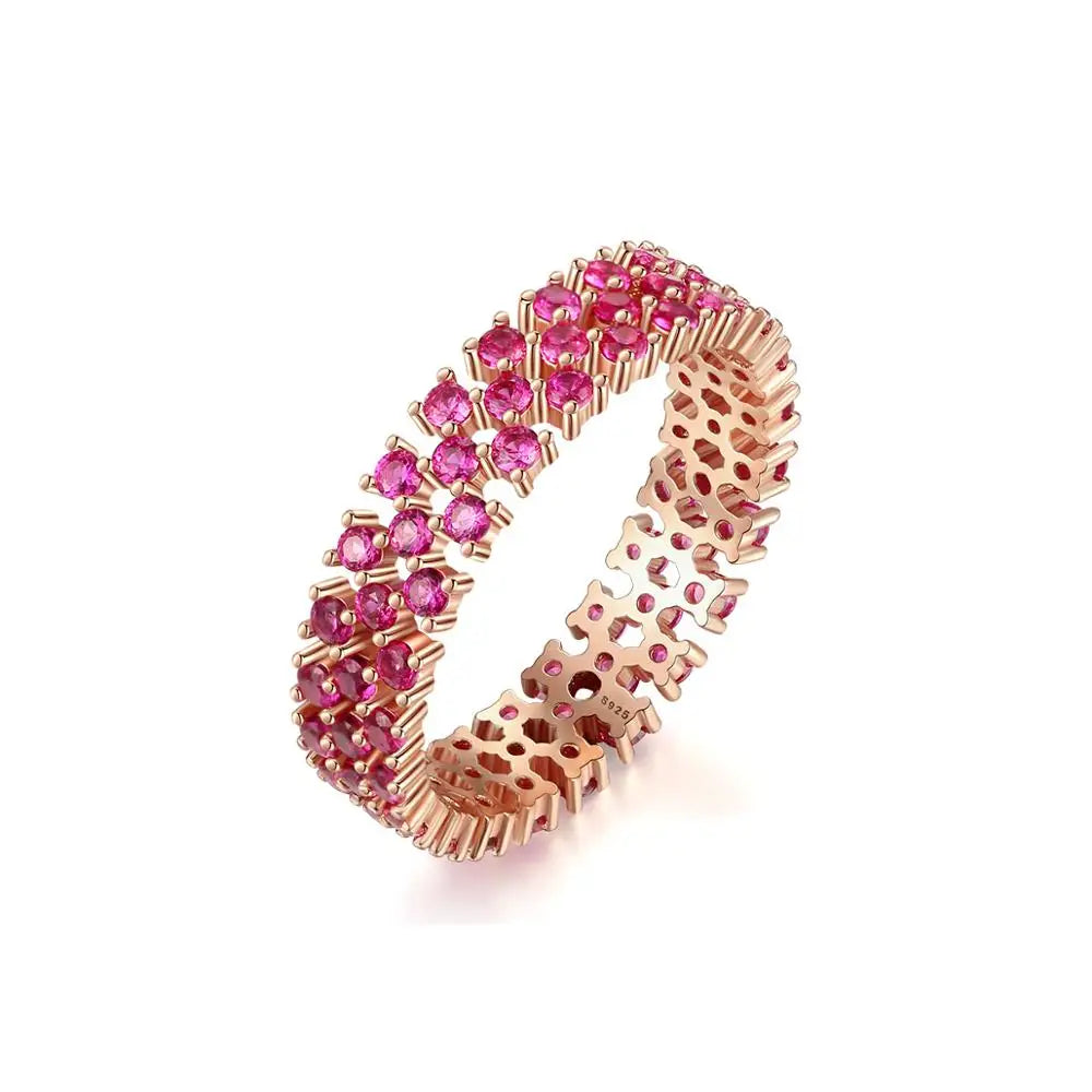 CZCITY Women Engagement Wedding Fine Jewelry Round Ruby Gemstone Anillos Genuine 925 Sterling Silver Eternity Rings