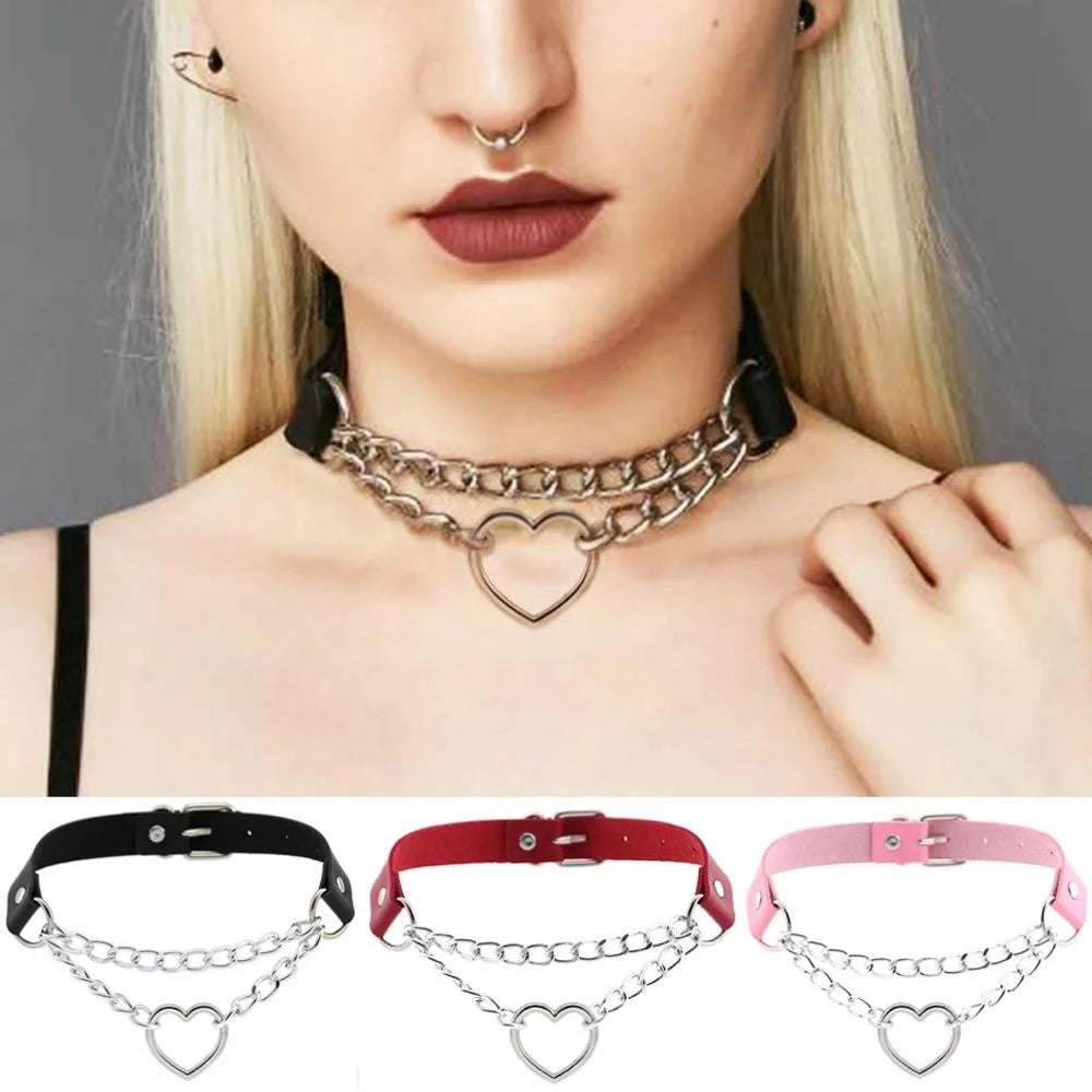 Women Men Punk Exaggerated Handmade Chain Choker Necklace Heart Metal Leather Collar Bondage Harness Necklace