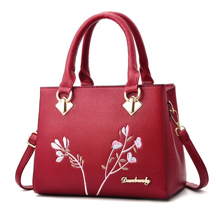 Casual Girls' Shoulder Tote Bag with Wide Strap and Big Embroidered Decoration Zipper Closure Type