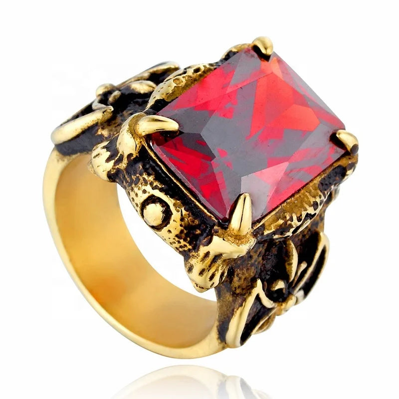 MECYLIFE Punk Ring Style Casting Gemstone Ring Fashion Big Red Stone Ring for Men