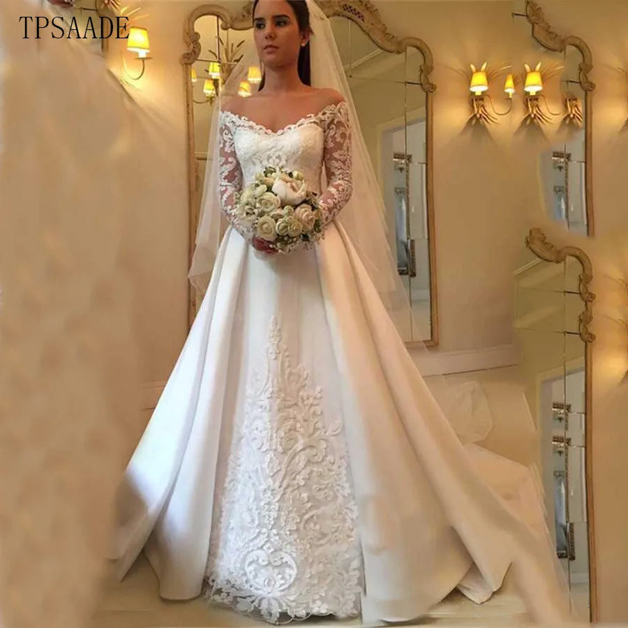 Satin Fabric Lace Appliques Bridal Gowns for Brides Long Sheer Sleeve Off Shoulder Wedding Dress Vestido De Novia 2025