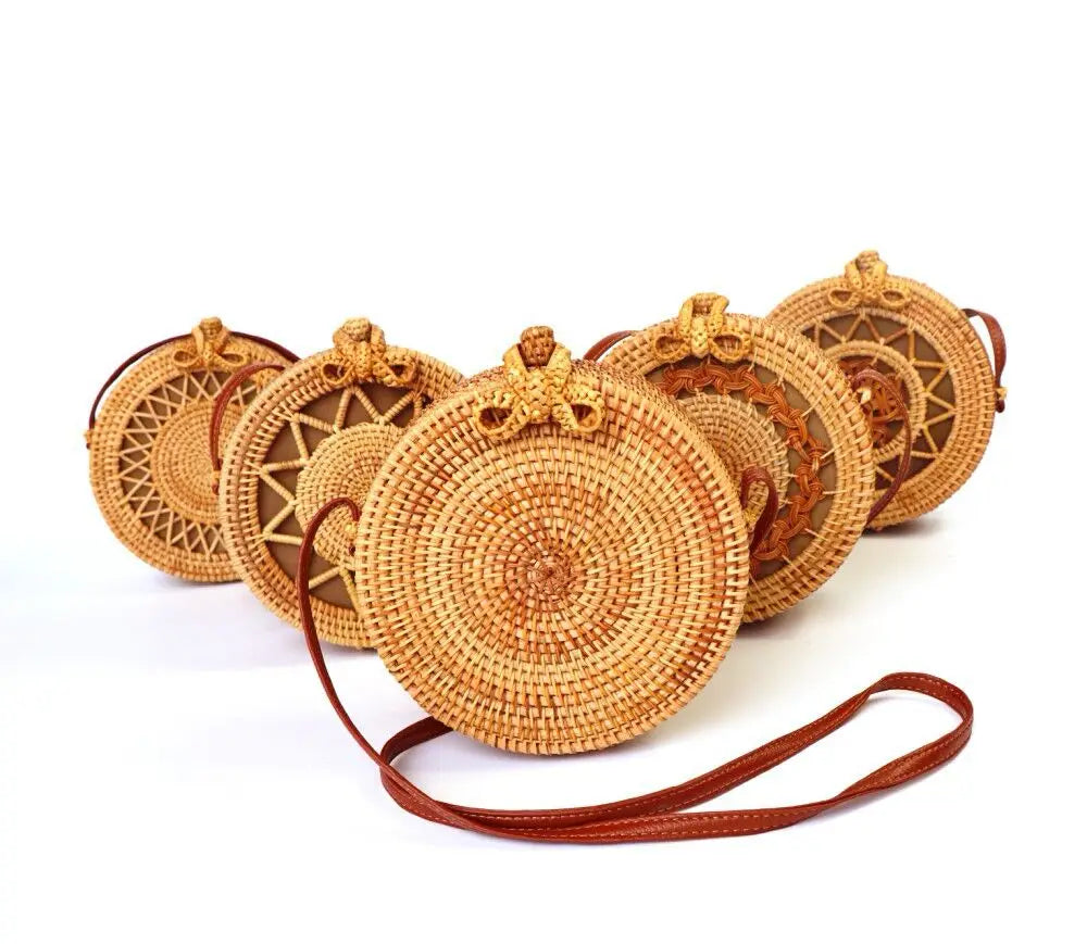 Factory Natural Chic Round Rattan Boho Purse Straw Bag Bamboo Bag