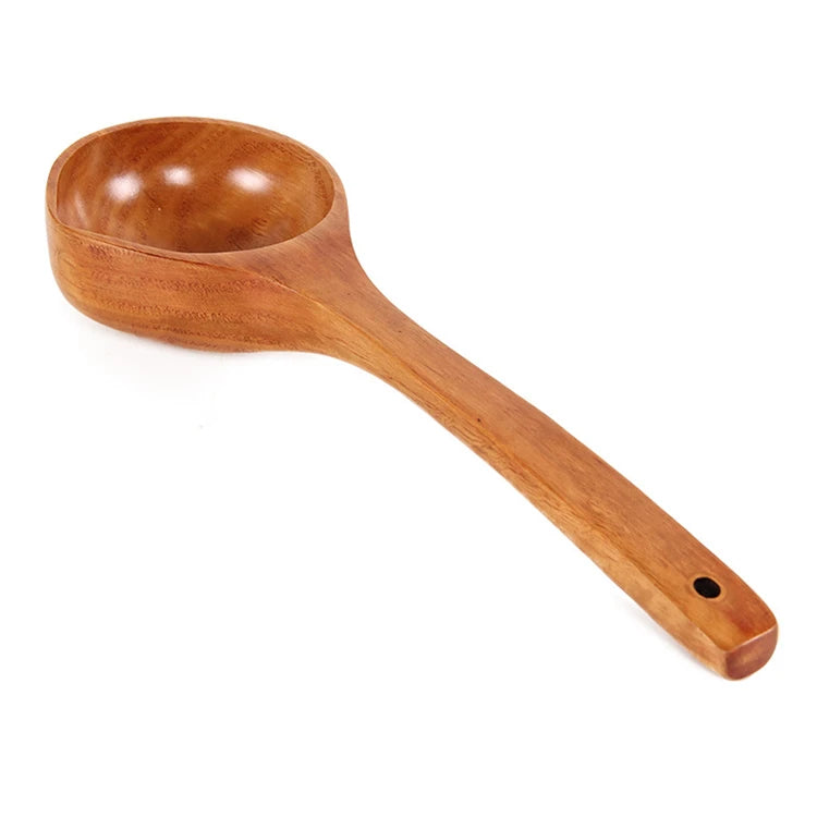 Classic Natural Komu Wood Handmade Duckbill Shape Brown Large Bailer Spoon Ladle Lacquer Coating for Home Kitchen Hot Spring Use