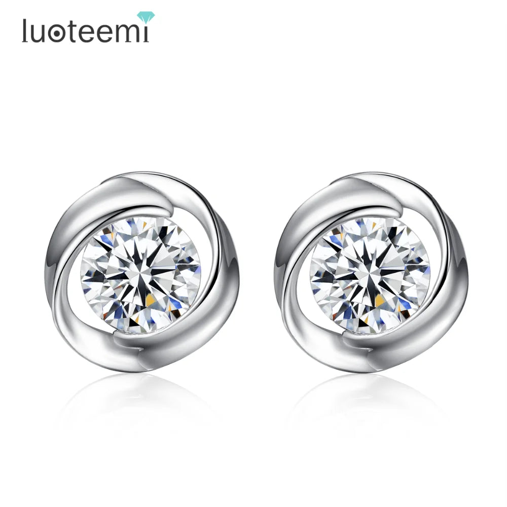 LUOTEEMI Luxury Women Elegant Accessories 2carat Round 3a Cubic Zirconia 925sterling Silver Rhodium Plated Small Stud Earring