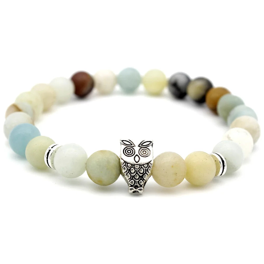 Alibaba Trade Assurance Supplier Handmade Jewelry 8mm Natural Stone Bead Stretch Silver Owl Charm Fashionable Bracelets