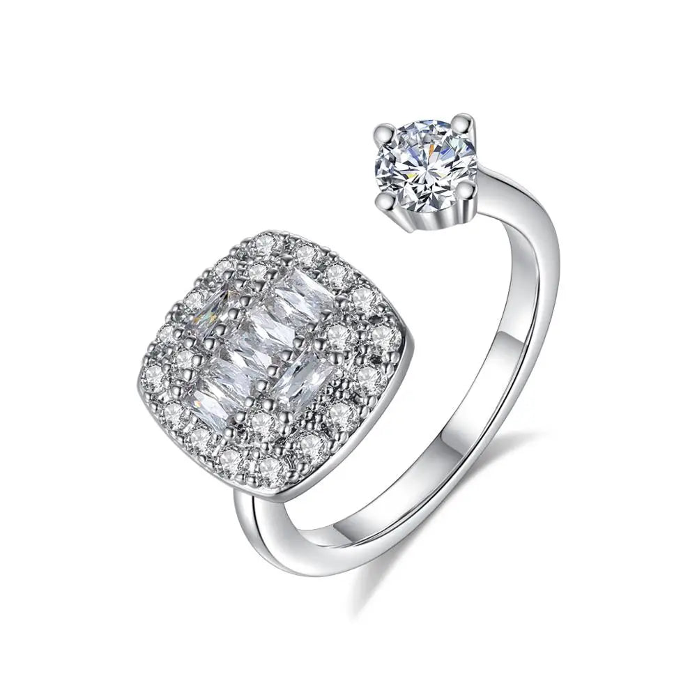 LUOTEEMI Cubic Zirconia Square Design Adjustable Rings Open CZ Ring for Women Rhodium Plating