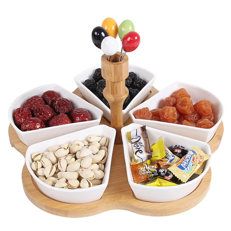 Creative Eco-Friendly Bamboo & Ceramic Multifunctional 4-Compartment Food Storage Box with Fork