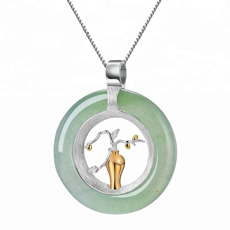 Oriental Element Silver Flower Vase Stone Pendant