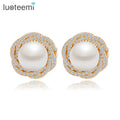 LUOTEEMI Champagne Gold Plated Unique Tiny Cubic Zirconia Micro Paved Women Fashion Big Statement Flower Cheap Pearl Earring