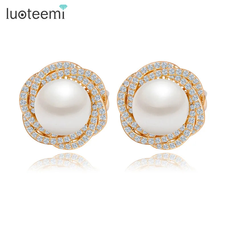 LUOTEEMI Champagne Gold Plated Unique Tiny Cubic Zirconia Micro Paved Women Fashion Big Statement Flower Cheap Pearl Earring