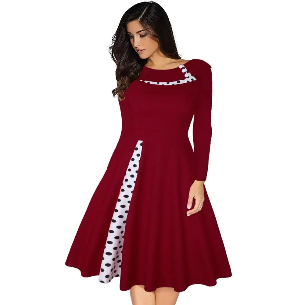 5 Color Elegant Vintage Lady Dresses Polka Dot Print Button Patchwork 50s 60s Rockabilly Plus Size S-3XL a Line Dress Midi E252