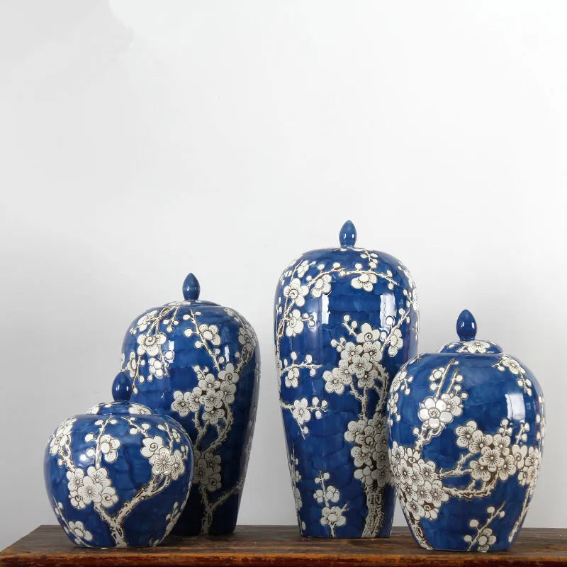 Factory Retro Blue plum Blossom Painting  Wax Gourd Decorated Cans Porcelain Ceramic Temple Ginger Jars
